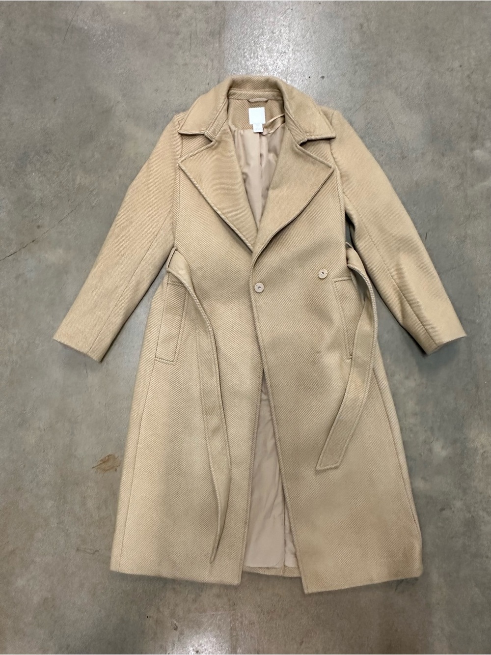 H&M Classic Long Beige Belted Wool Blend Coat